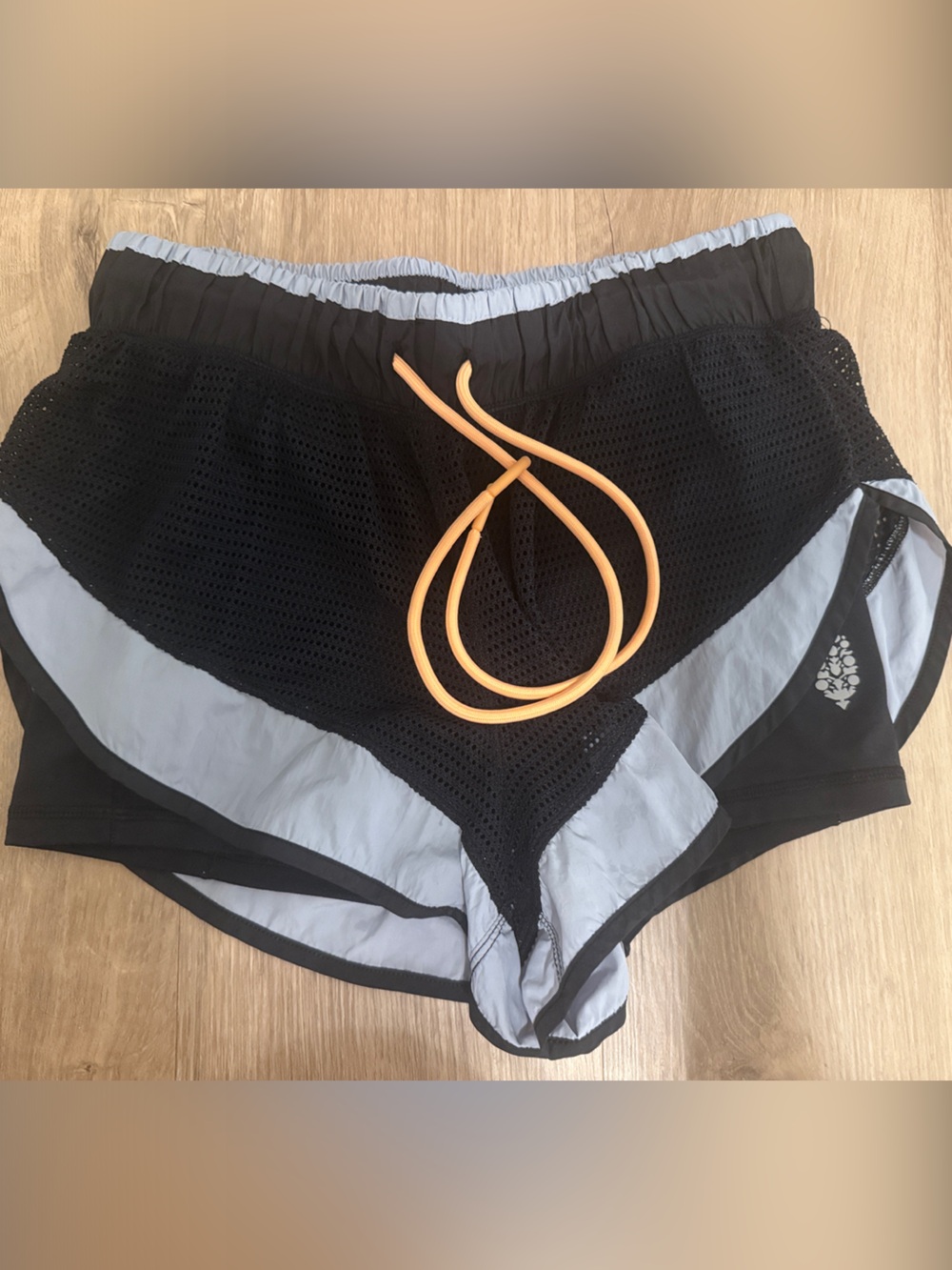 Free People Black Mesh Athletic Shorts with Gray Trim and Orange Drawstring